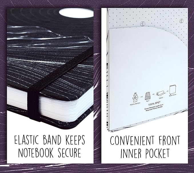 Better Office Products Recycled Plastic Bottle Notebook Journal, 8.3" x 5.8" (A5), 192 College Ruled Pages, Hardcover, Inner Pocket, Banded, Cover Made of Plastic Bottles (2, Black + White)