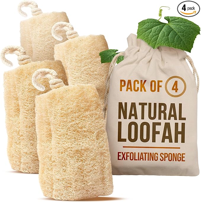 Natural Loofah Sponge – Egyptian Luffa Body Scrubber Pack of 4 for Men & Women, Natural Bath & Shower Loofah Exfoliator, All Natural Loofah Sponges for Face Back & Body, 6" x 6"
