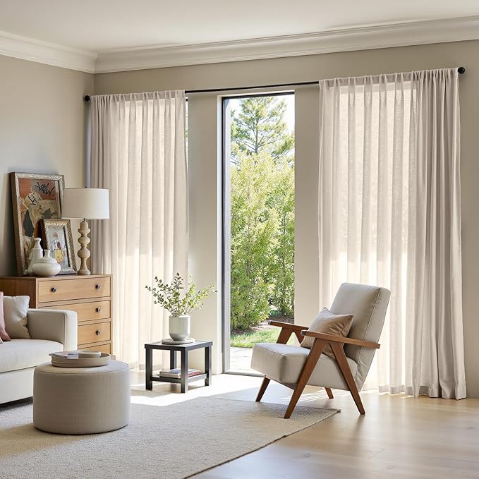 jinchan Extra Wide Sliding Door Curtain 96 Inch Length Oatmeal Linen Curtains Semi Sheer Drapes for Patio Door Living Room Bedroom Home Office Light Filtering Drapes 100 Inches Wide 1 Panel