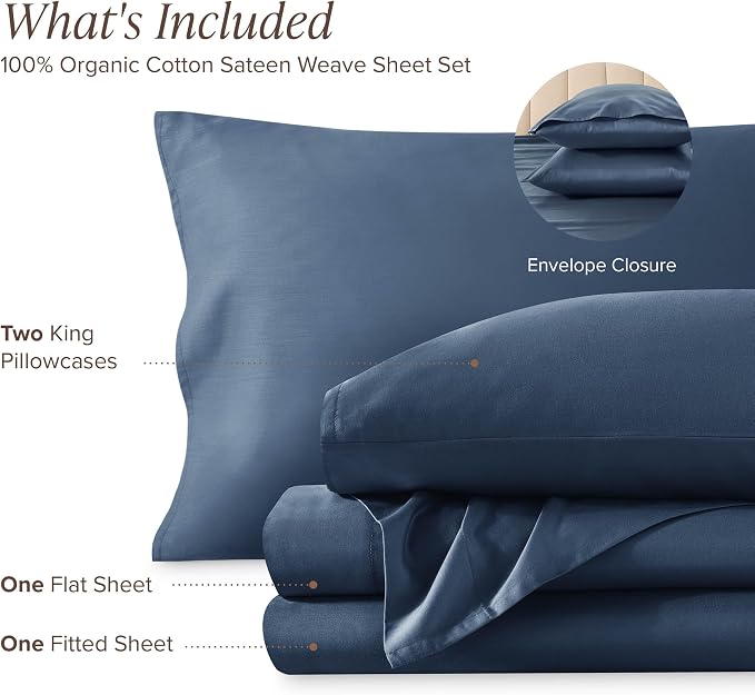 Bare Home 100% Organic Cotton King Sheet Set - 400 Thread Count - Smooth Sateen Weave - Breathable & Cooling - Hotel Luxury Set - Deep Pocket Bed Sheets (King, Bering Sea)
