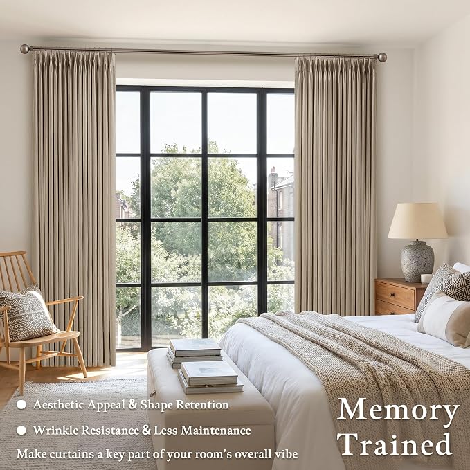 108 Inches Pleated Linen Curtains 2 Panels for Living Room Bedroom Tan Bohemian Memory Training Light Filtering Flax Linen Pinch Pleat Drapes for Track System 9 ft Cottage Sliding Door Curtain 50W
