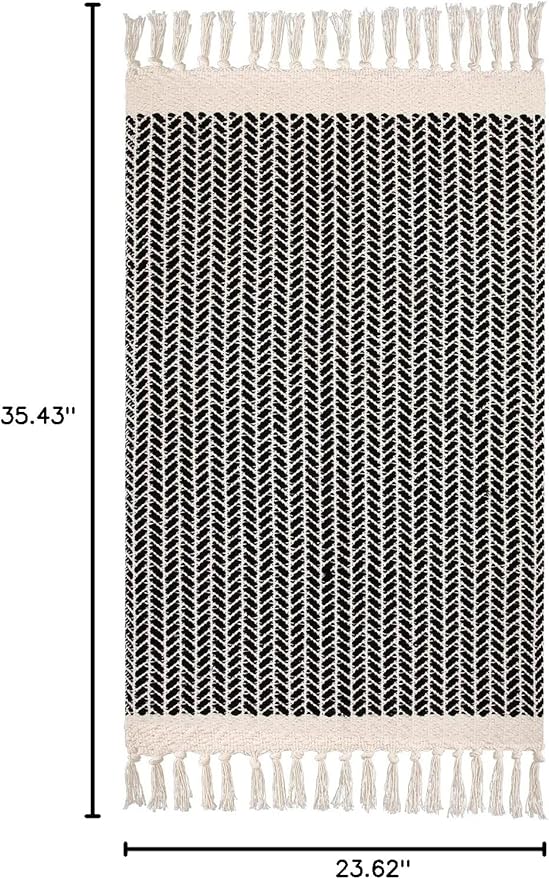 Lahome Belle Boho Bathroom Rugs, Small 2x3 Front Door Mat Lightweight Kitchen Rug Woven Cotton Area Rug with Tassels, Farmhouse Washable Black and White Throw Rug Low Pile Carpet for Entry Laundry
