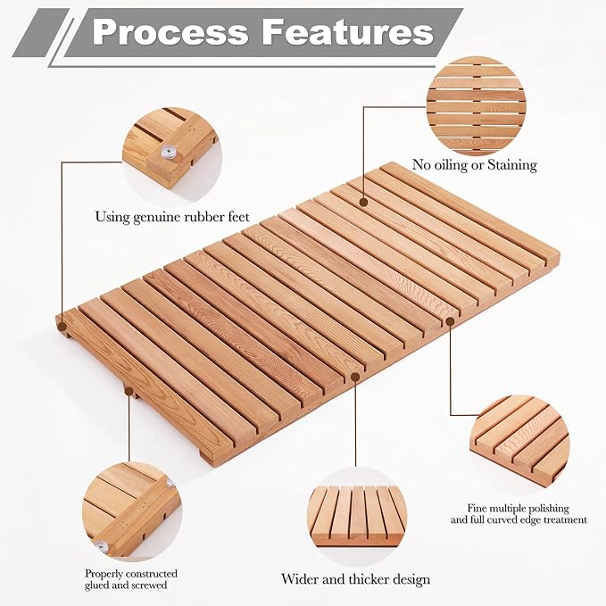 bingaai Cedar Wood Bath Mat 36"×20", Cedar Wooden Bath Mats, Wood Shower Stall Mat Non-Slip for Bathroom Bathtub Spa Sauna Garden Home, Wooden Floor Mat Large for Indoor and Outdoor