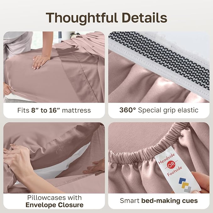 California Design Den King Size Bed Sheets Set - Certified Authentic 100% Egyptian Cotton Sateen, Deep Pocket King Size Sheets Set, Gripper Elastic, Durable Luxury Bedding - Dusty Rose