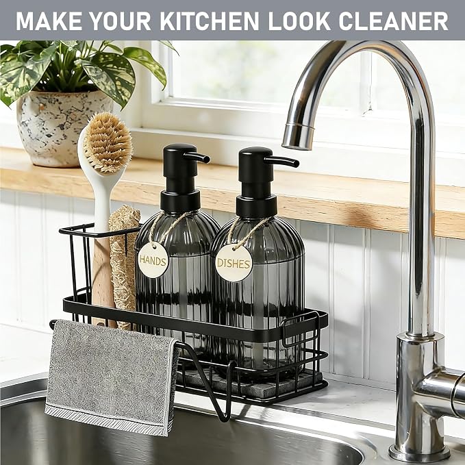 Kitchen Soap Dispenser Set, 14.4 oz/425 ml Hand and Dish Soap Dispenser Set, Dish Soap Dispenser with Sponge Holder & Diatomite Tray, for Countertop Organizer, Black