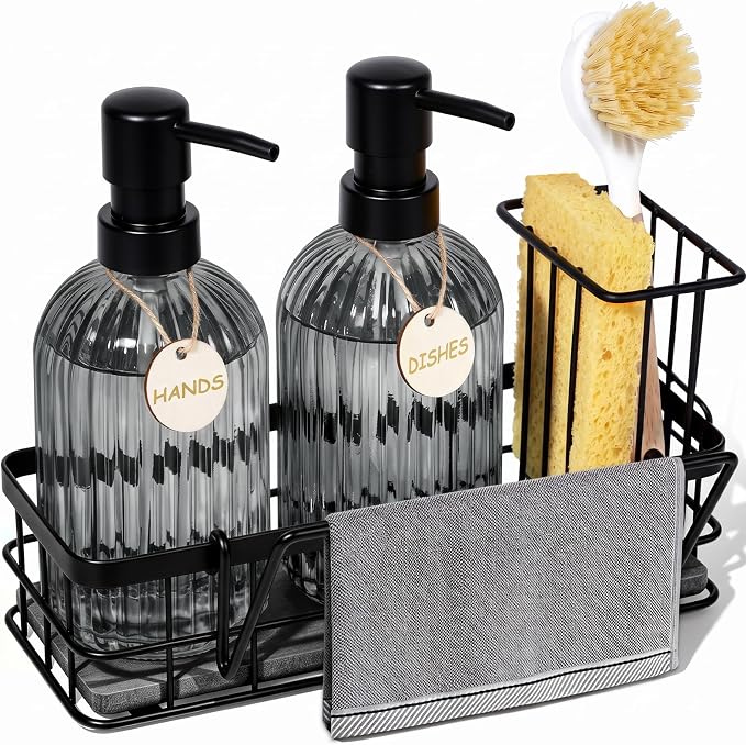 Kitchen Soap Dispenser Set, 14.4 oz/425 ml Hand and Dish Soap Dispenser Set, Dish Soap Dispenser with Sponge Holder & Diatomite Tray, for Countertop Organizer, Black
