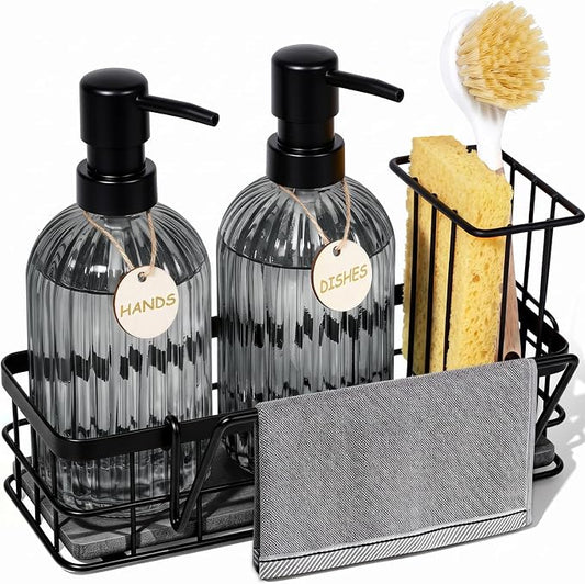 Kitchen Soap Dispenser Set, 14.4 oz/425 ml Hand and Dish Soap Dispenser Set, Dish Soap Dispenser with Sponge Holder & Diatomite Tray, for Countertop Organizer, Black