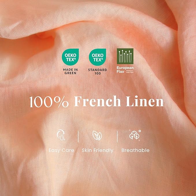 S VICTORY SYMBOL 100% Organic Linen Duvet Cover Set 3PCS Queen Size,Stone Washed French Flax Bedding,1 Comforter Cover and 2 Pillowcases Solid Color Bedding Set(Peach Pink)