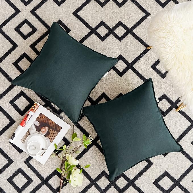 Jeanerlor 18"x18" Solid Cotton Linen Decoration Throw Pillow Case with Zipper Euro Sham Cushion Case Cool Pillow Cover Delicate Decorative Pillowcase for Chair/Bed/Couch,2 Packs, Dark Green
