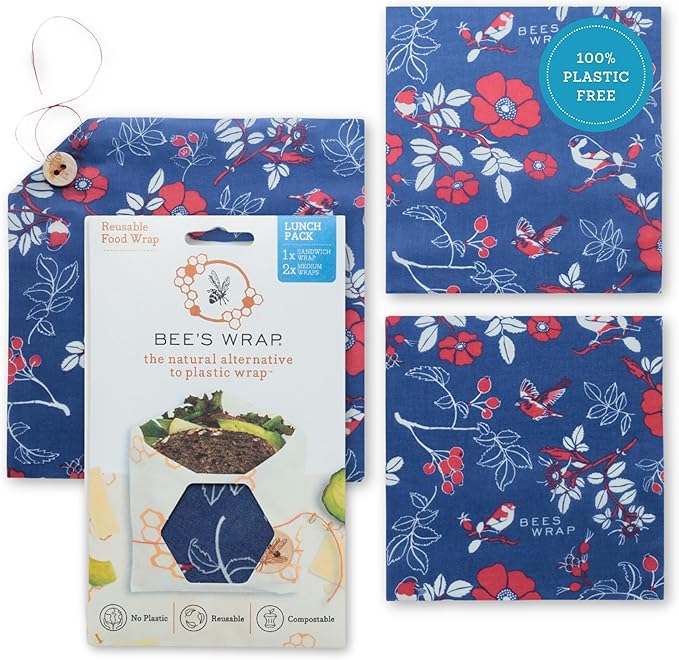 Bee's Wrap Beeswax Wraps for Food - 3 Pack of Assorted Beeswax Wraps - 2 Medium & Sandwich Wrap - Plastic Free Made in USA Reusable Natural Food Wrap - Botanical