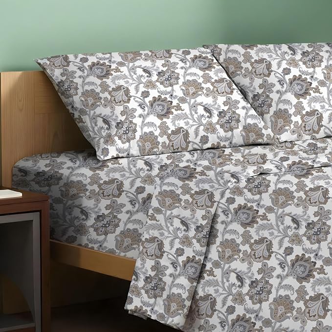 TEXAS LINEN CO. 100% Organic Cotton Percale Sheets Full Size - 4 PC Organic Cotton Full Size Percale Printed Sheet Sets, Soft, Crisp, Cooling Sheets, 16" Deep Pocket Hotel Bedding Set - Floral Ivory