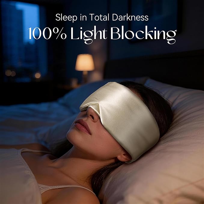 Silk Sleep Mask 22 Momme100% Mulberry Silk & 3.5cm Silk Hairband Set, Upgraded Light Blocking NosePad, Soft Wide Adjustable Strap, Comfortable Eye Mask for Men Women Home Travel (Khaki)