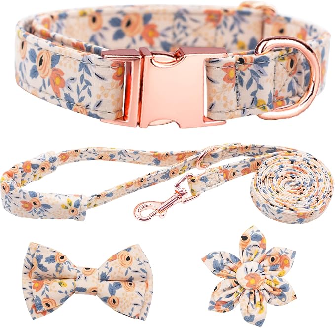 Dog Collar and Leash Set Girls Adjustable Puppy Collars with Floral Bow Tie for Small Medium Large Female Dogs, Orange Flower, XS