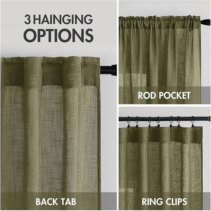 MIULEE Light Olive Green Linen Curtains 96 Inches Long 2 Panels for Bedroom Living Room, Soft Linen Textured Natural Window Drapes Semi Sheer Light Filtering Back Tab Rod Pocket Burlap Look Decor
