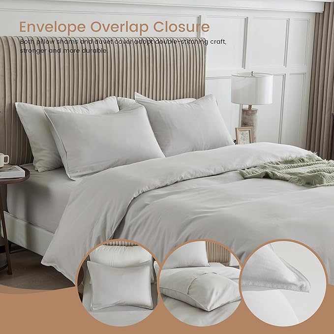 BISELINA French Linen Duvet Cover Set 3pcs with Hidden Zipper Closure Natural Flax Cotton Blend Solid Color Soft Breathable Luxury Farmhouse Bedding - Queen Size, Khaki Grey