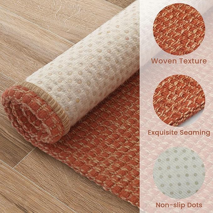 EARTHALL Woven Runner Rug 2x8 Ft Washable Runners for Hallways Cotton Non Slip Rubber Backed Kitchen Runner Braided Indoor Floor Carpet for Entryway, Hallway, Kitchen, Bedroom, Rustic Orange/Tan