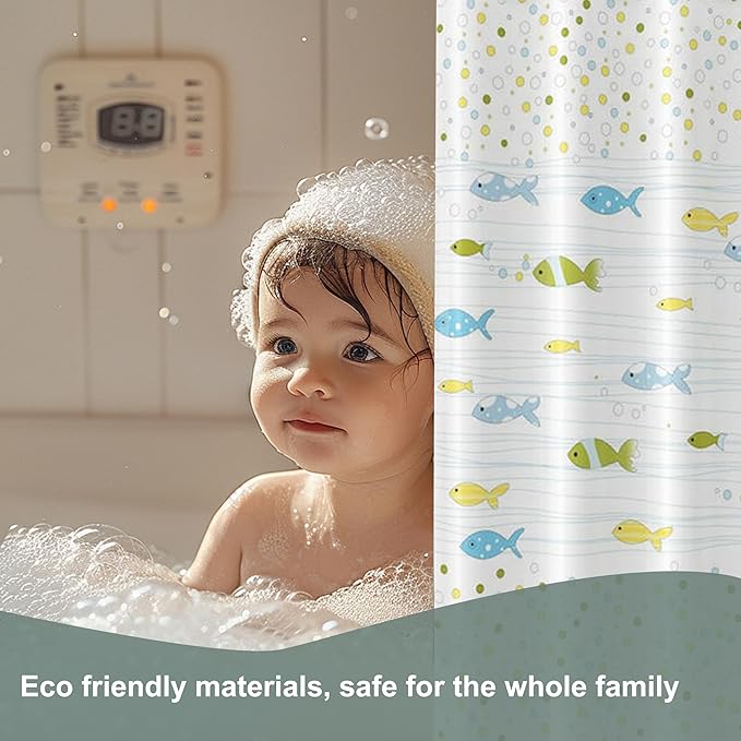 Plastic Shower Curtain Liner, Premium EVA 5G Cartoon Fish Shower Curtain, Shower Curtains for Bathroom with 3 Magnetic Weights and Rustproof Grommets (Cartoon Fish, 72x72 in)
