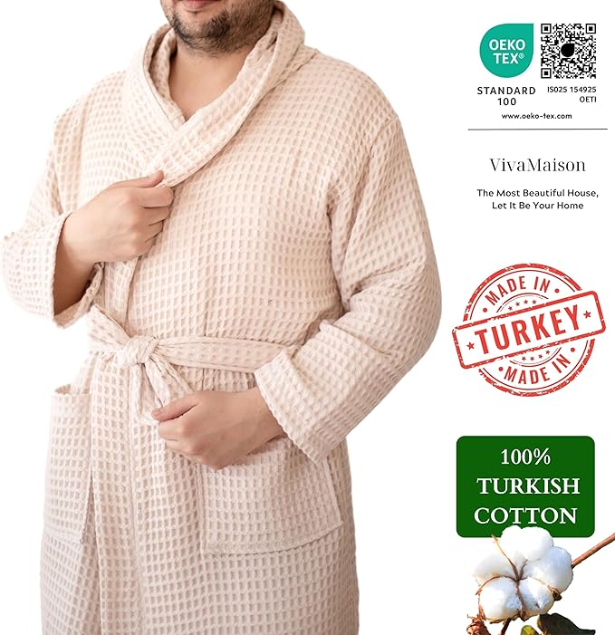 Unisex Hooded Waffle Robe for Women & Men 100% Turkish Cotton | Quick-Dry Bathrobe | Cozy Housecoat for Lounging