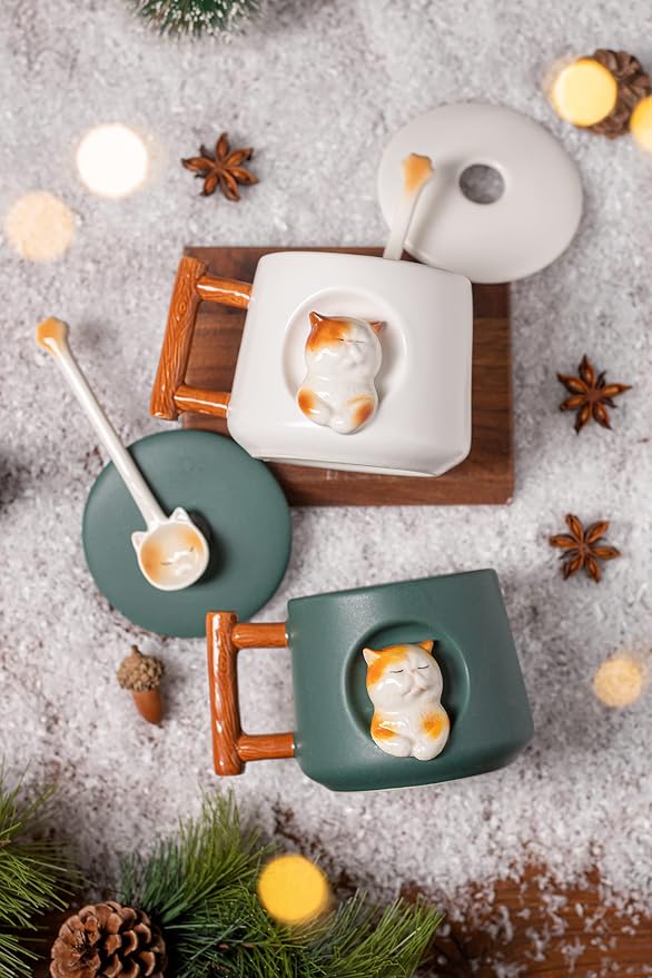 DIHOclub Adorable 3D Ceramic Cat Mug with Lid and Spoon - Perfect for Coffee, Tea, Milk, and More - Ideal Gift for Animal Lovers - 14 Ounces (Green)