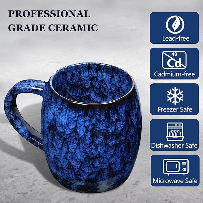 26 Oz Extra Large Ceramic Coffee Mug with Big Handle, 720ml Oversized Tea Cup for Office and Home Milk Cocoa, Microwave and Dishwasher Safe, Unique Handmade Texture Glaze Jumbo Coffee Cup (Deep Blue)