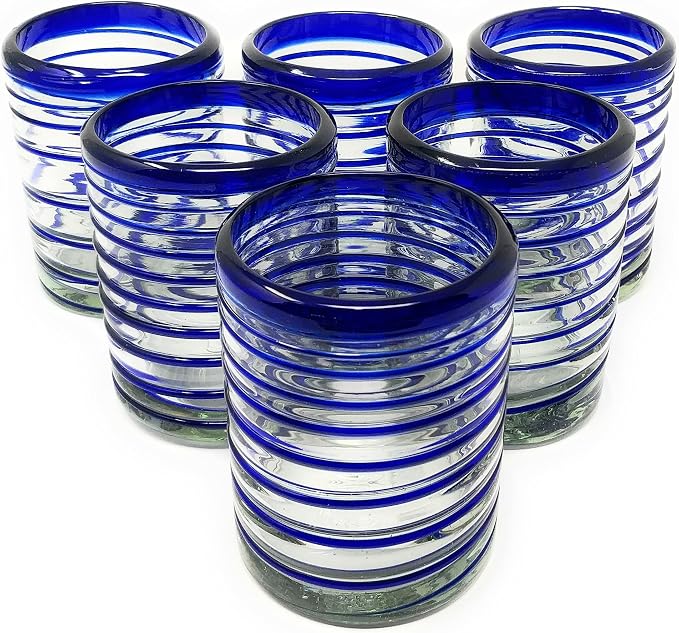 Dos Sueños Hand Blown Mexican Drinking Glasses – Set of 6 Tumbler Glasses with Blue Spiral Design (10 oz each) …