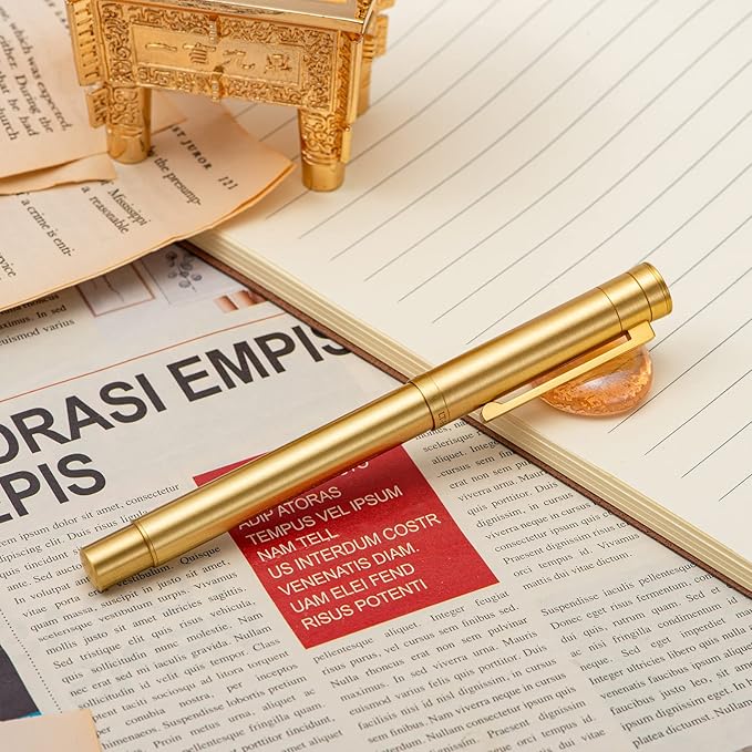 HONG DIAN 1861 Fountain Pen, Long Blade Nib, Raw Brass Design with Converter and Metal Pen Case Set