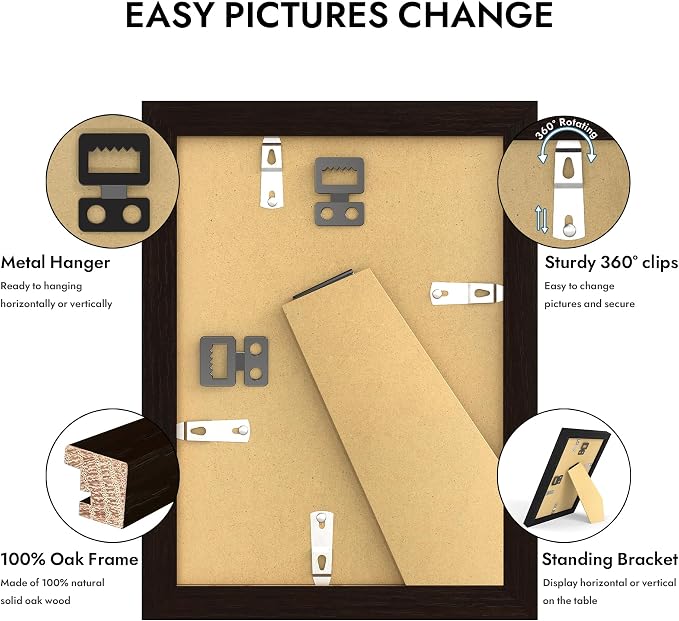 Hongkee 5x7 Oak Wood Picture Frame 1 Pack(Matted 4x6), Real Glass Cover | Black, 5 x 7 Solid Wood Frame for Wall or Tabletop Display - Includes Easel Back, Vertical Hang - Ideal for Home, Office