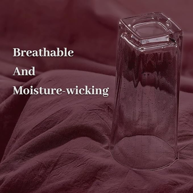 NEXHOME PRO Duvet Cover Set 100% Washed Cotton Super King 108"x98", Organic Natural Linen Look Textured 3 Pieces Bedding Set Burgundy Dark Red with Zipper Closure, Breathable (No Comforter)