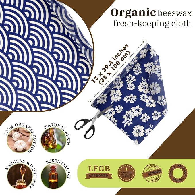 3 Rolls Reusable Beeswax Wraps for Food 13 x 40 Inches Bees Wax Wraps Reusable Food Storage Wrap Beeswax Paper Roll for Bread Sandwich Cheese Fruit Snacks(Vivid)