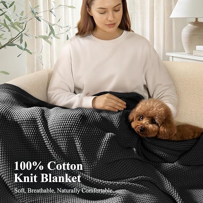 100% Cotton Cable Knit Throw Blanket, Lightweight Soft Knit Blanket for Sofa Couch Bed, Breathable All-Season Throw, Cozy Decorative Blanket, 50 x 60 Inch,Grey