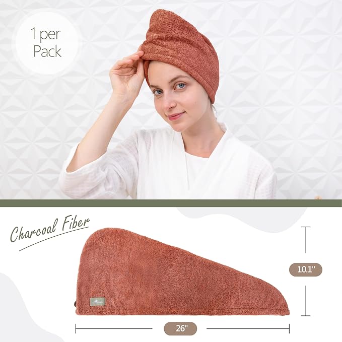 myHomeBody Hair Towel Wrap, Quick Drying Turban, Absorbent Cap – Cinnamon | Hair Turban Towel for wet hair, Ultra Soft Charcoal Fiber Cap, Towel Head Wrap for bathing with Coconut Shell Button