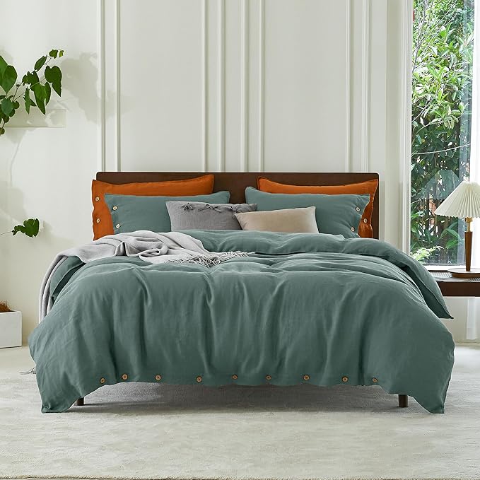 EVERLY 100% Pure Linen Duvet Cover Set King Size 104X90Inch 3pcs (1 Duvet Cover,2 Pillowcases) Soft and Breathable for All Season with Coconut Button Closure, Suitable for Hot Sleepers-Aqua-King