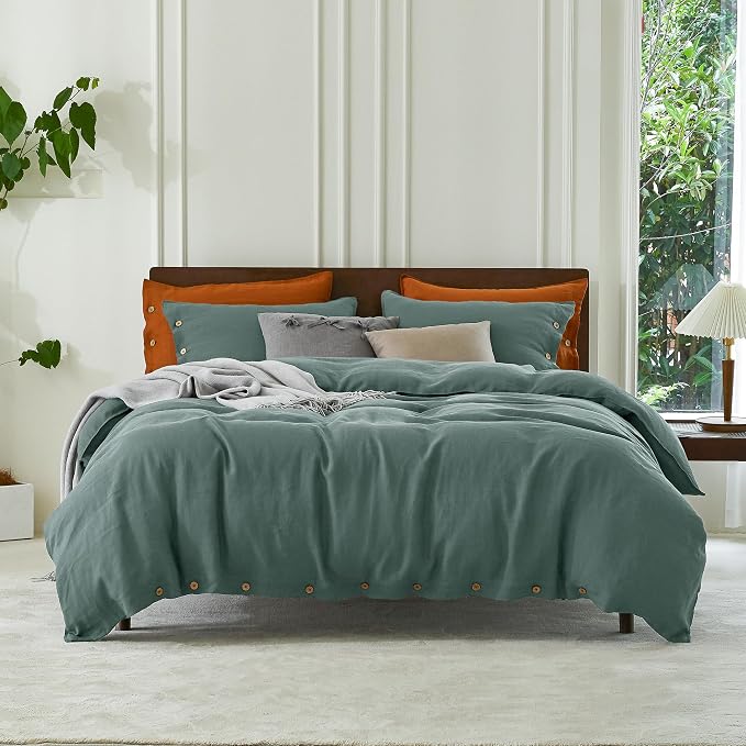 EVERLY 100% Pure Linen Duvet Cover Set Queen Size90X90Inch 3pcs (1 Duvet Cover,2 Pillowcases) Soft and Breathable for All Season with Coconut Button Closure, Suitable for Hot Sleepers-Aqua-Queen