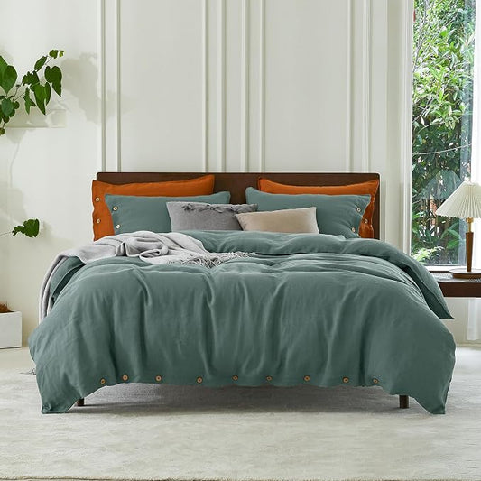 EVERLY 100% Pure Linen Duvet Cover Set Queen Size90X90Inch 3pcs (1 Duvet Cover,2 Pillowcases) Soft and Breathable for All Season with Coconut Button Closure, Suitable for Hot Sleepers-Aqua-Queen