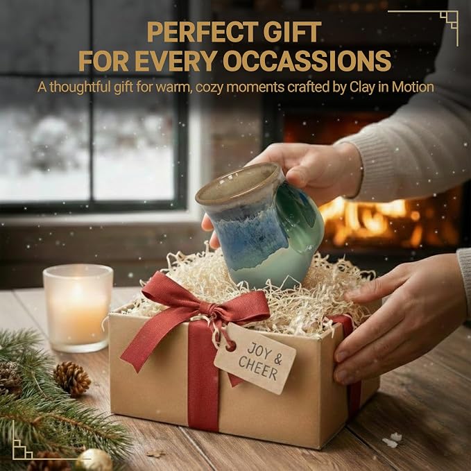 Clay in Motion Hand Warmer Coffee Mug – Handmade Coffee Mug With Comfortable Handle Contoured Pocket Hand Warming Ceramic Coffee Mug – Proudly Made in USA – Right Handed – 14 Oz - Mountain Meadows