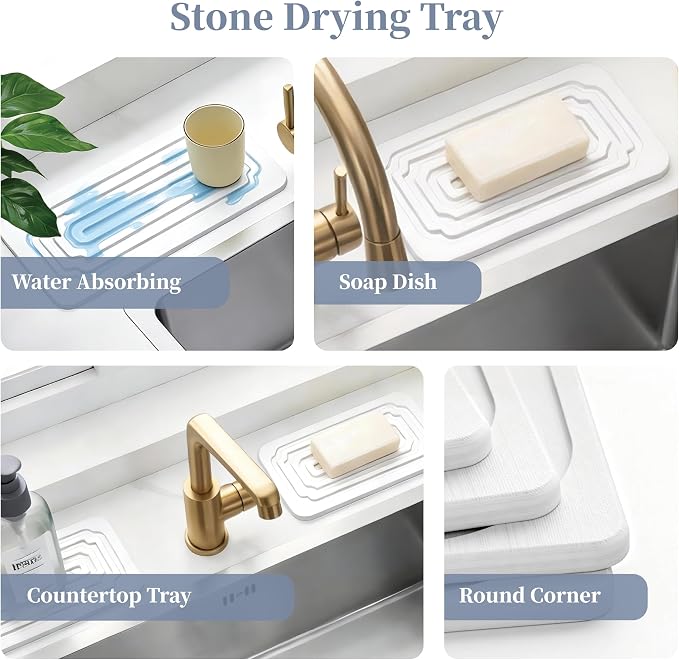 2 PCS Water Absorbing Stone Tray, Quick-Drying Diatomite Stone Tray for Kitchen/Bathroom Sink, Stone Drying Mat for Kitchen Counter, Soap Dish for Toiletries