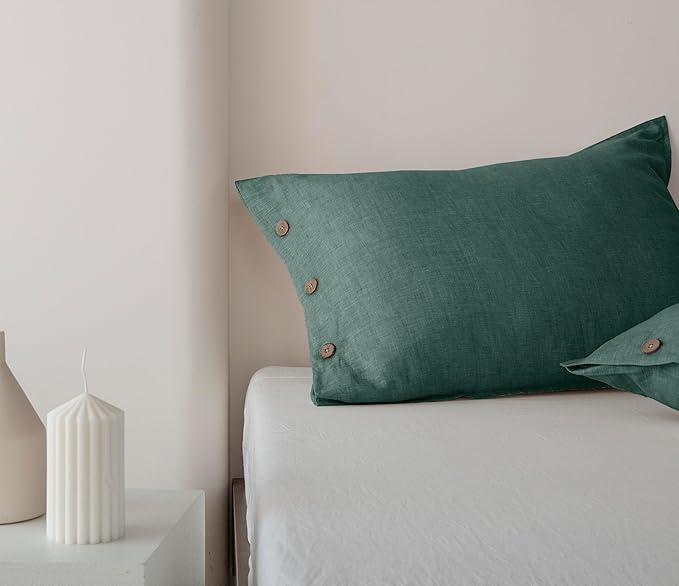 EVERLY 100% Linen Pillowcases Set of 2, French Linen from Normandy, 20X26Inch Standard Size, Natural Color, Coconut Buttons Closure, Flax Pillowshams-Pillowcase-Aqua