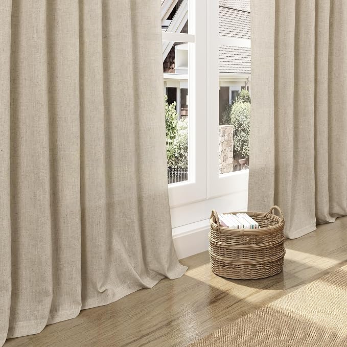 Eggshell Beige Linen Curtains 80 Inch Length for Living Room Light Filtering Semi Sheer Curtain Back Tab Rustic Farmhouse Decor Burlap Luxury Boho Drapes for Bedroom Dinner Room 52x80, 2 Panels