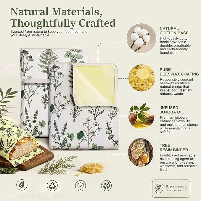Reusable Beeswax Bread Bags & Wraps Set - 2 XL Sourdough Bags (17“x13") with Wide Zipper & Handle - 3 Beeswax Wraps for food, Cheese, Fruit, Veggie - Breathable Bread Storage, 5 Pack