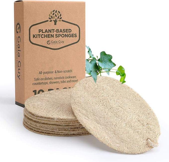Natural Loofah Dish Sponge - 10 Pack (6 + 4 Bonus) - 100% Plant-Based, Plastic-Free Kitchen Scrubber Pads | Compostable & Zero Waste Alternative to Traditional Sponges