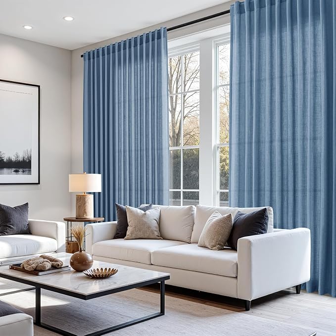 Stone Blue Linen Curtains 90 Inch Length for Bedroom Living Room Back Tab Rod Pocket Light Filtering Semi Sheer Modern Farmhouse Coastal Decor Curtain Cotton Textured Gauze Drapes for Office 52x90