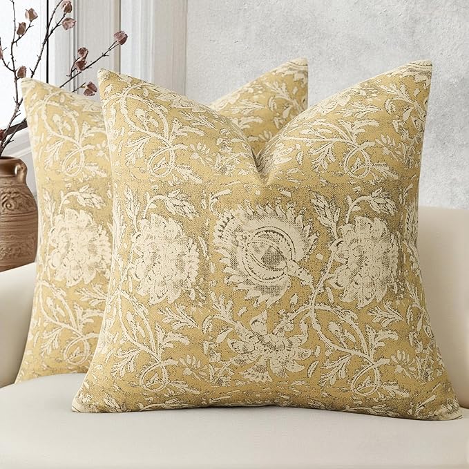 Vintage Floral Print Throw Pillow Covers 26x26 Set of 2 Neutral Modern Farmhouse Pillowcases Accent Decorative Cushion Covers Boho Home Decor for Couch Sofa Chair Bed Living Room, Yellow