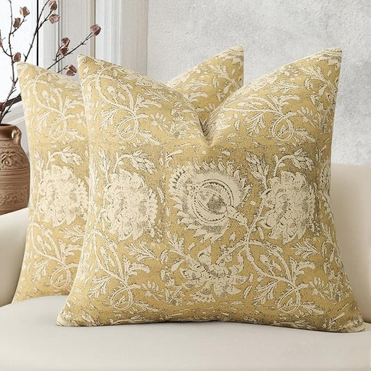 Vintage Floral Print Throw Pillow Covers 26x26 Set of 2 Neutral Modern Farmhouse Pillowcases Accent Decorative Cushion Covers Boho Home Decor for Couch Sofa Chair Bed Living Room, Yellow
