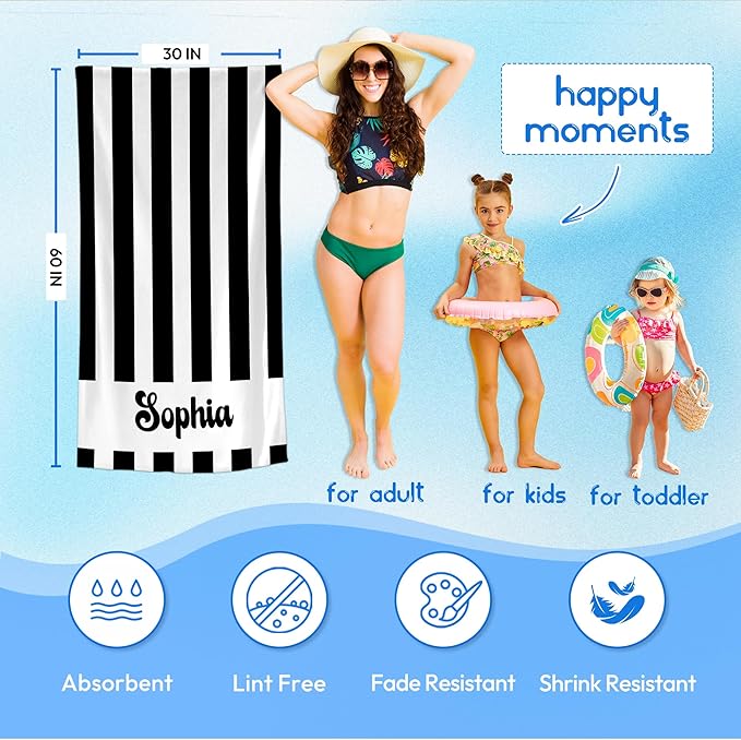 JML Personalized Beach Towel with Name, Custom Cabana Stripe Beach Towel, Customized Microfiber Pool Towel, Quick Dry & Absorbent Swim Towel for Adult,Anniversary, Birthday, Summer Holiday,Vacation