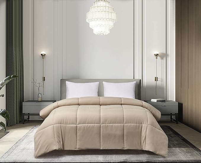 Blue Ridge Home Fashions Microfiber Light Weight Solid Down Alternative All Season Comforter - Hypoallergenic Polyester Fill, Full-Queen, Khaki