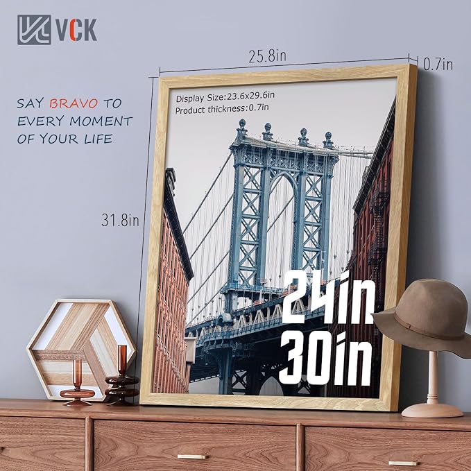 VCK 24x30 Poster Frame Natural Solid Wood 3 Pack, Exclusive Wood Grain Wall Hanging Picture Frame for Home Decoration