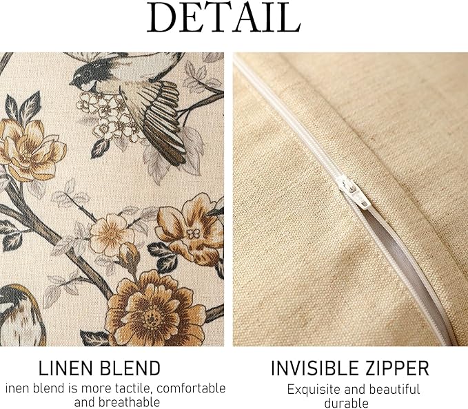 ISAENNE Design Linen Chinoiserie Square Throw Pillow Covers 18"x18" Pack of 2, Farmhouse Cushion Covers with Yellow Floral Birds Pattern Decoration Pillowcases for Bed,Living Room,Outdoor,Car