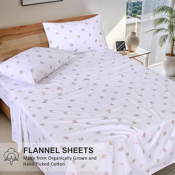RUVANTI Flannel Sheets King Size - GOTS Certified 100% Organic Cotton, 4 Piece Warm, Soft & Breathable Set, Deep Pocket Snug Fit, Double Brushed Cozy All Season Bedding, Floral