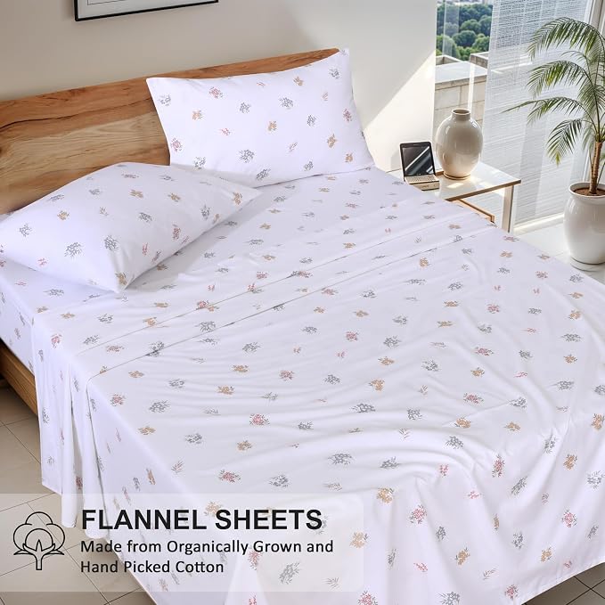 RUVANTI Flannel Sheets Twin XL Size - GOTS Certified 100% Organic Cotton, 3 Piece Warm, Soft & Breathable Set, Deep Pocket Snug Fit, Double Brushed Cozy All Season Bedding, Floral