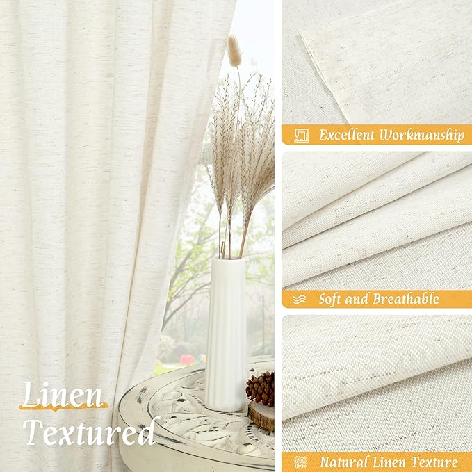 LAMIT Cream Linen Curtains 48 Inch Length 2 Panels, Light Filtering Faux Linen Textured Panels Rod Pocket Neutral Privacy Drapes for Kitchen/Window/Loft Room/Bedroom, 42 x 48 Inch